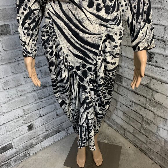 Vintage Animal Print Dress 7 Black White Chiffon Long Dolman Sleeve Corset Skirt - Picture 3 of 15